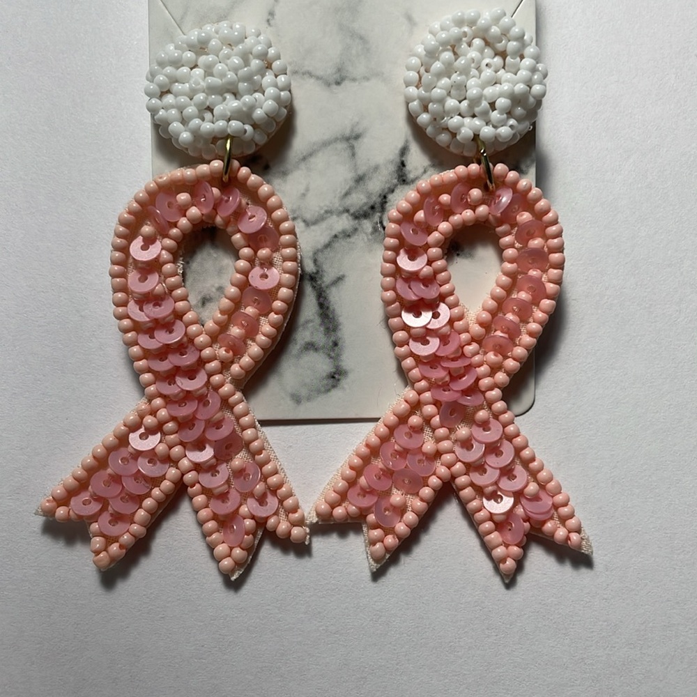 Pink Ribbon Beaded Earrings - Picture 2 of 3